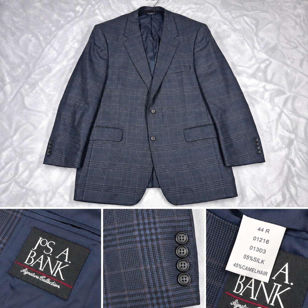 JOS. A. BANK Signature Collection Blazer Men 44R Blue Glen Plaid Silk Camel Hair